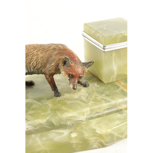 619 - A LATE 19TH/EARLY 20TH CENTURY AUSTRIAN COLD-PAINTED BRONZE DESK TIDY. depicting a fox with raised i... 