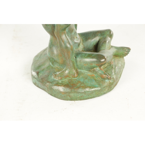 620 - A 20TH CENTURY FRENCH GREEN-PATINATED EROTIC BRONZE SCULPTURE depicting lovers (24.5cm high)