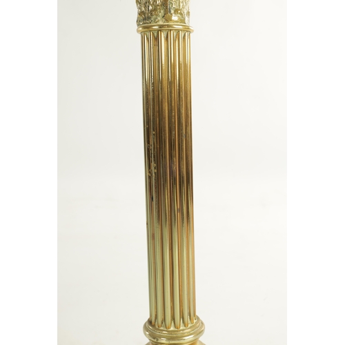 622 - A VICTORIAN SQUARE-BASE BRASS OIL LAMP with Corinthian column stem, etched cut glass clear reservoir... 