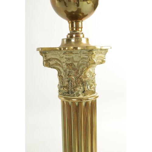 622 - A VICTORIAN SQUARE-BASE BRASS OIL LAMP with Corinthian column stem, etched cut glass clear reservoir... 