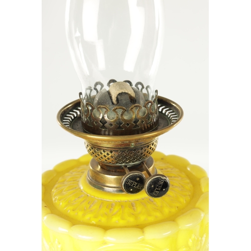 623 - A COLLECTION OF THREE 19TH CENTURY OIL LAMPS, having brass columns on square bases, two with glass c... 