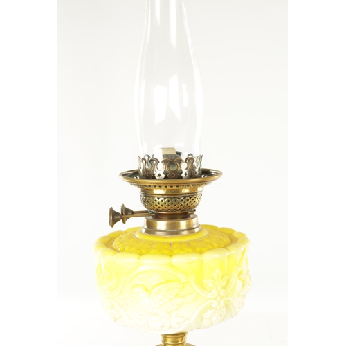 623 - A COLLECTION OF THREE 19TH CENTURY OIL LAMPS, having brass columns on square bases, two with glass c... 