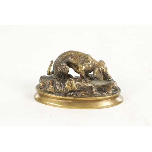 627 - Y. MONGMIEY 19TH CENTURY SMALL GILT BRONZE DOG SCULPTURE with hunting depiction, set on a realistic,... 