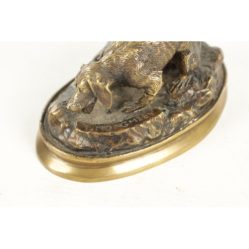 627 - Y. MONGMIEY 19TH CENTURY SMALL GILT BRONZE DOG SCULPTURE with hunting depiction, set on a realistic,... 