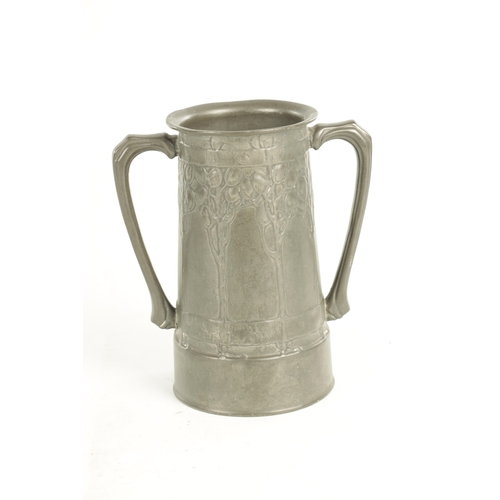 629 - AN ARTS AND CRAFTS ENGLISH PEWTER TWO-HANDLED VASE BY DAVID VEASEY FOR LIBERTY & CO the tapering foo... 