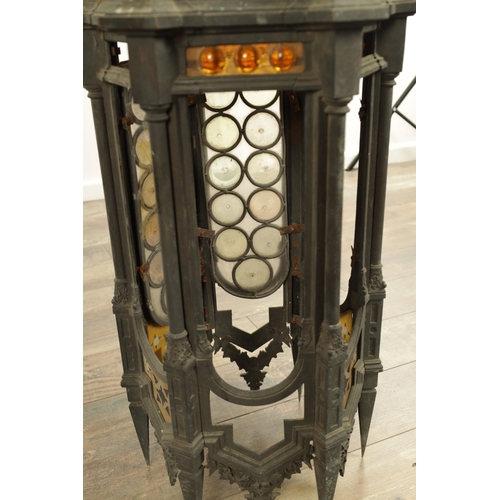 642 - A PAIR OF LATE 19TH CENTURY BRONZE GOTHIC STYLE HANGING LANTERNS the hexagonal shaped bodies with sp... 