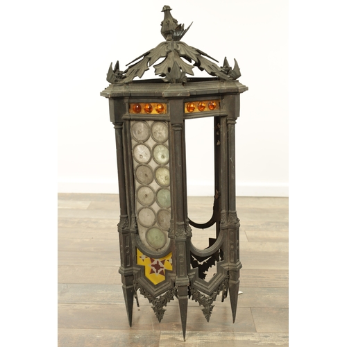 642 - A PAIR OF LATE 19TH CENTURY BRONZE GOTHIC STYLE HANGING LANTERNS the hexagonal shaped bodies with sp... 