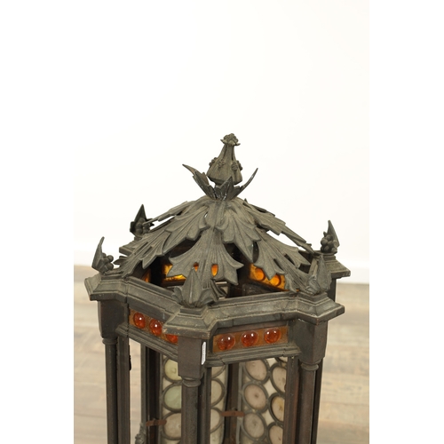 642 - A PAIR OF LATE 19TH CENTURY BRONZE GOTHIC STYLE HANGING LANTERNS the hexagonal shaped bodies with sp... 