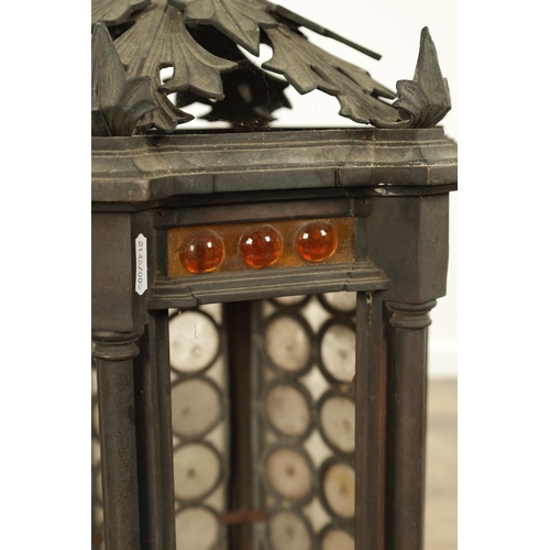 642 - A PAIR OF LATE 19TH CENTURY BRONZE GOTHIC STYLE HANGING LANTERNS the hexagonal shaped bodies with sp... 