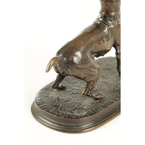 643 - A 19TH CENTURY FRENCH SIGNED P.J. MENE BRONZE DOG SCULPTURE depicting a standing terrier on a patter... 