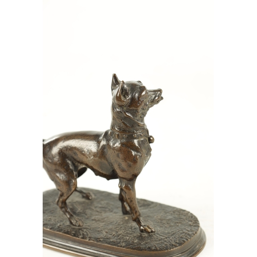 643 - A 19TH CENTURY FRENCH SIGNED P.J. MENE BRONZE DOG SCULPTURE depicting a standing terrier on a patter... 