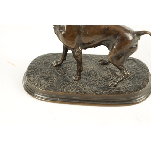 643 - A 19TH CENTURY FRENCH SIGNED P.J. MENE BRONZE DOG SCULPTURE depicting a standing terrier on a patter... 