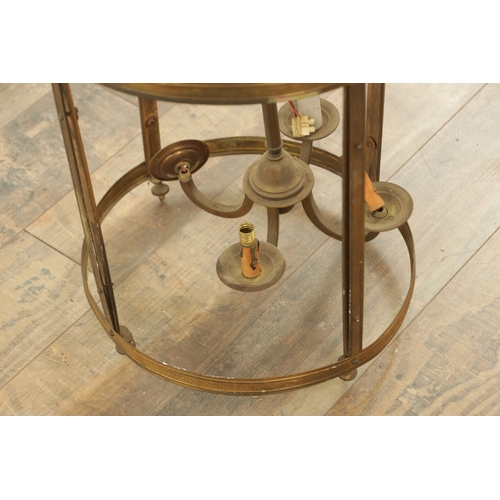 647 - A 20TH CENTURY BRASS HANGING LANTERN of circular form with splayed hanging brackets (81cm high )