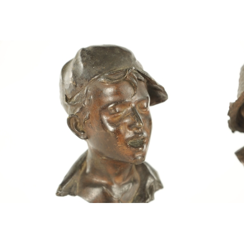 649 - TWO LATE 19TH CENTURY GRAND TOUR ITALIAN BRONZE BUSTS modelled as two boys mounted on Verdi Antico m... 