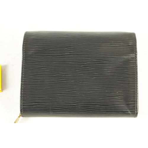 654 - A GENUINE LOUIS VUITTON BLACK EPI LEATHER PURSE/WALLET with cow hide interior. (14.5cm wide)