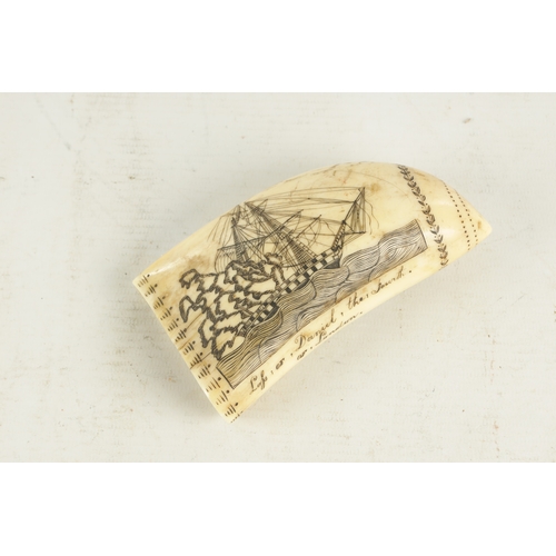 656 - AN EARLY 19TH CENTURY SAILOR'S WHALE TOOTH SCRIMSHAW inscribed 'H.M.S. Malta' the other side inscrib... 