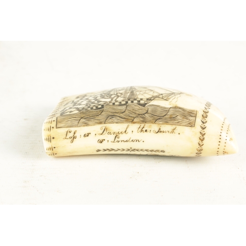 656 - AN EARLY 19TH CENTURY SAILOR'S WHALE TOOTH SCRIMSHAW inscribed 'H.M.S. Malta' the other side inscrib... 