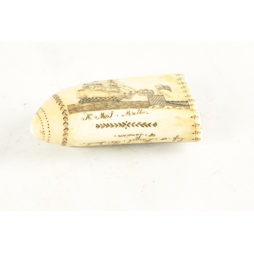 656 - AN EARLY 19TH CENTURY SAILOR'S WHALE TOOTH SCRIMSHAW inscribed 'H.M.S. Malta' the other side inscrib... 