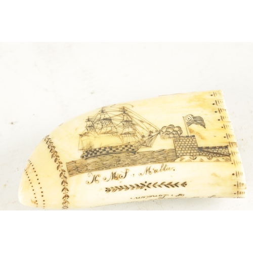 656 - AN EARLY 19TH CENTURY SAILOR'S WHALE TOOTH SCRIMSHAW inscribed 'H.M.S. Malta' the other side inscrib... 