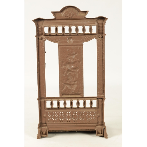 664 - A 19TH CENTURY PAINTED CAST IRON COALBROOKDALE STYLE STICK STAND with galleried shaped pediment abov... 