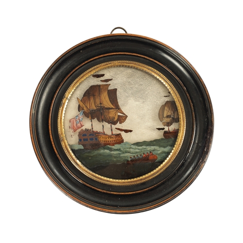 666 - A 19TH CENTURY REVERSE PAINTED 3D PAINTING ON CONVEX GLASS depicting a galleon in full sail - moulde... 