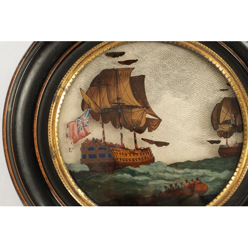 666 - A 19TH CENTURY REVERSE PAINTED 3D PAINTING ON CONVEX GLASS depicting a galleon in full sail - moulde... 