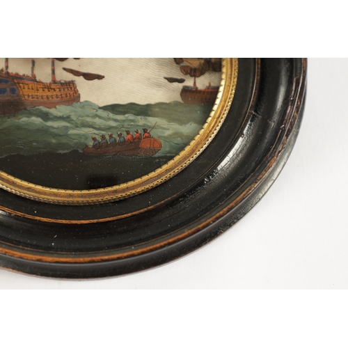 666 - A 19TH CENTURY REVERSE PAINTED 3D PAINTING ON CONVEX GLASS depicting a galleon in full sail - moulde... 