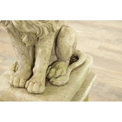 677 - A PAIR OF MODERN COMPOSITE STONE LIONS in seated position raised on square plinth bases (92cm high)