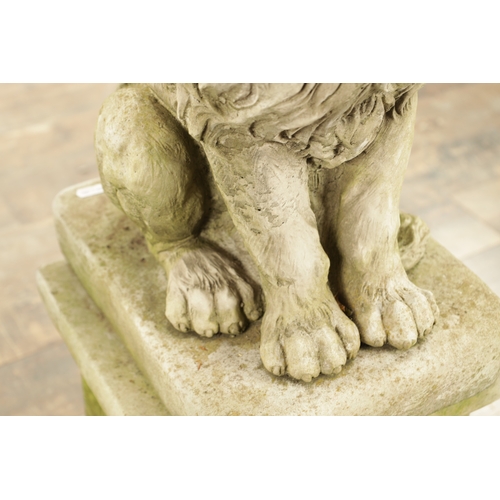 677 - A PAIR OF MODERN COMPOSITE STONE LIONS in seated position raised on square plinth bases (92cm high)