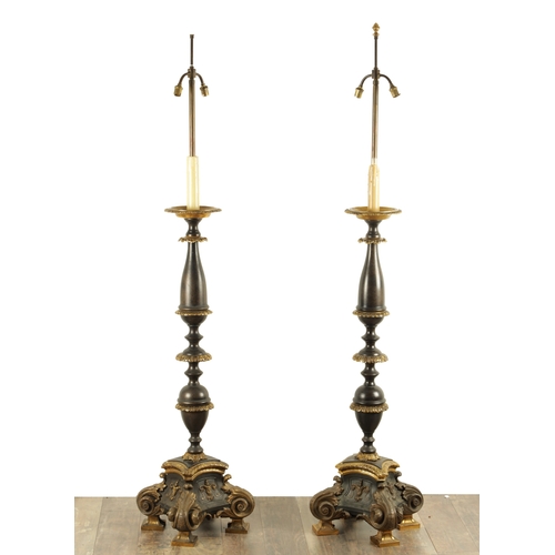 678 - AN IMPRESSIVE PAIR OF 19TH CENTURY BRONZE AND GILT BRONZE TORCHERE STANDARD LAMPS the dished tops wi... 