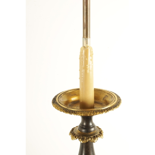 678 - AN IMPRESSIVE PAIR OF 19TH CENTURY BRONZE AND GILT BRONZE TORCHERE STANDARD LAMPS the dished tops wi... 