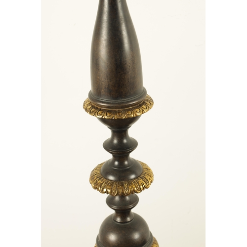 678 - AN IMPRESSIVE PAIR OF 19TH CENTURY BRONZE AND GILT BRONZE TORCHERE STANDARD LAMPS the dished tops wi... 