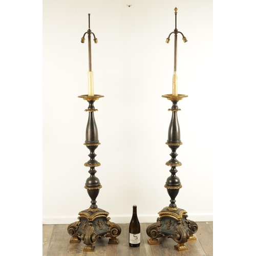 678 - AN IMPRESSIVE PAIR OF 19TH CENTURY BRONZE AND GILT BRONZE TORCHERE STANDARD LAMPS the dished tops wi... 