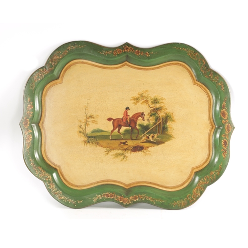 679 - A LARGE 19TH CENTURY PAPER MACHE LACQUERED TRAY, depicting a hunting scene within a green border. (7... 