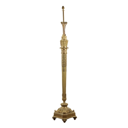 695 - A GOOD 19TH CENTURY ORMOLU FRENCH STANDARD LAMP modelled as a torch on a tapering fluted stem with s... 