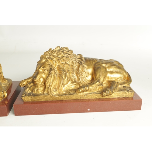 698 - A PAIR OF LATE 19TH CENTURY GILT BRONZE RECUMBENT LIONS mounted on marble plinths (30.5cm wide 16.5c... 