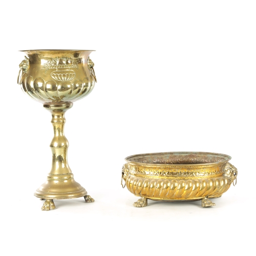 699 - TWO 19TH CENTURY BRASS JARDINIERES, The Victorian jardiniere on stand having a gadrooned body with c... 