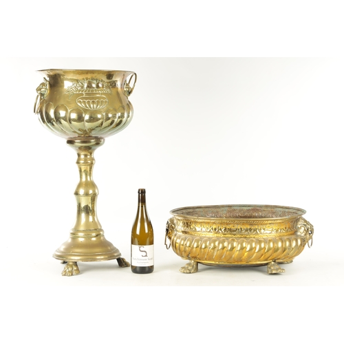 699 - TWO 19TH CENTURY BRASS JARDINIERES, The Victorian jardiniere on stand having a gadrooned body with c... 