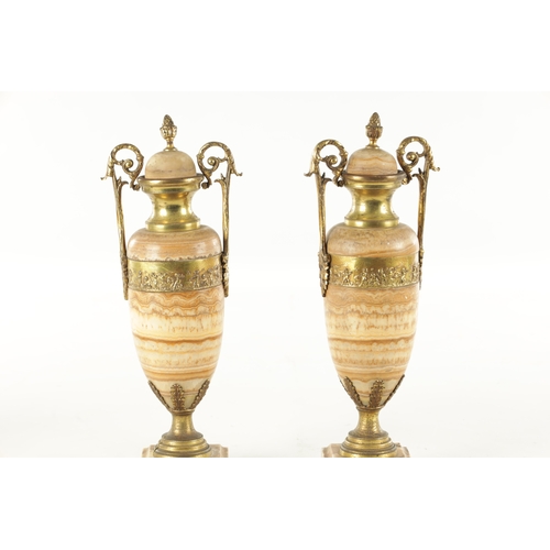 706 - A PAIR OF LATE 19TH CENTURY ITALIAN ALABASTRO FIORITO CASSOLETTES with slender marble bodies and gil... 