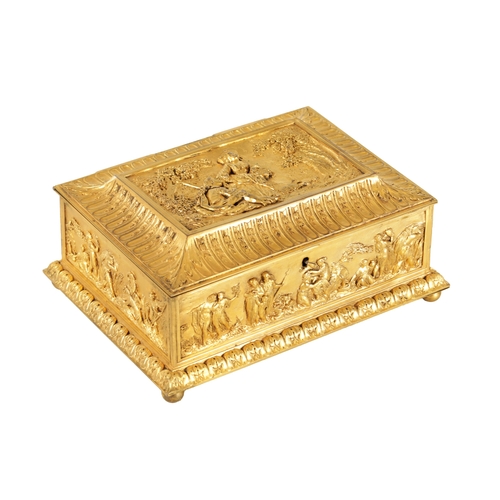 707 - A LATE 19TH CENTURY FRENCH GILT METAL JEWELLERY CASKET with classical figural scenes raised on bun f... 