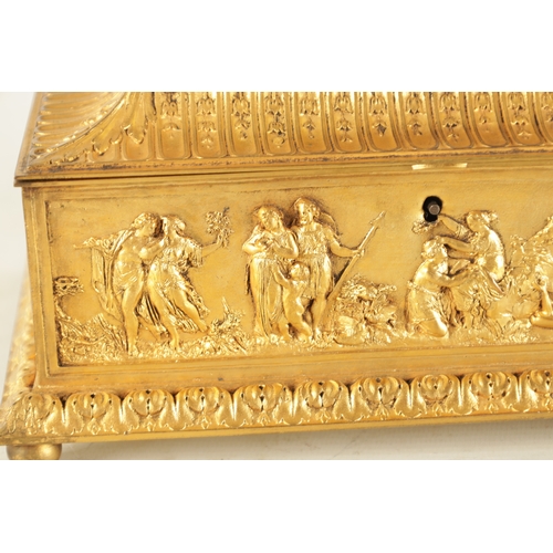 707 - A LATE 19TH CENTURY FRENCH GILT METAL JEWELLERY CASKET with classical figural scenes raised on bun f... 