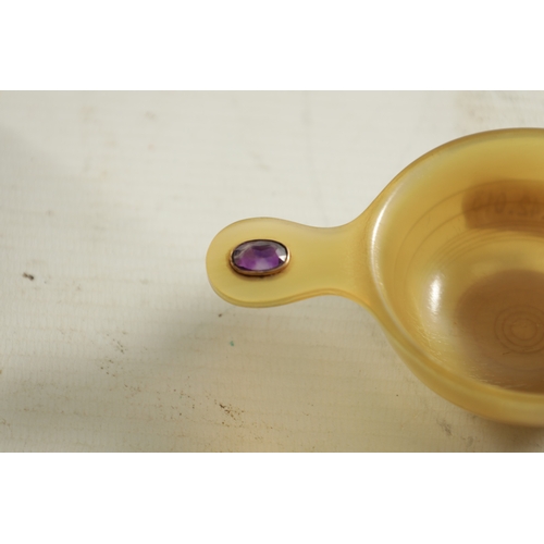 708 - A LATE 19TH CENTURY SCOTTISH AMETHYST AND ROSE GOLD MOUNTED HORN QUAICH the two handled quaich set w... 