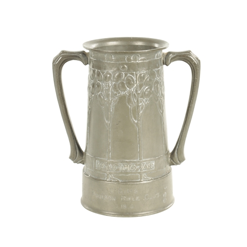 712 - AN ARTS AND CRAFTS TUDRIC PEWTER TWO-HANDLED VASE BY DAVID VEASEY FOR LIBERTY & CO the tapering foot... 