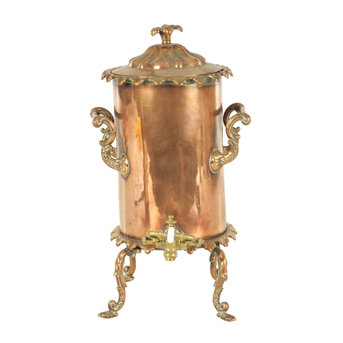 715 - A 19TH CENTURY COPPER CYLINDRICAL KETTLE with brass mounts and shaped legs (35cm high )