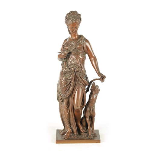 721 - PAUL DUBOT (1830-1887). A LATE 19TH CENTURY FRENCH PATINATED BRONZE SCULPTURE modelled as Diana the ... 