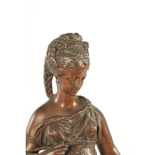 721 - PAUL DUBOT (1830-1887). A LATE 19TH CENTURY FRENCH PATINATED BRONZE SCULPTURE modelled as Diana the ... 