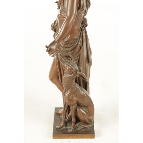 721 - PAUL DUBOT (1830-1887). A LATE 19TH CENTURY FRENCH PATINATED BRONZE SCULPTURE modelled as Diana the ... 