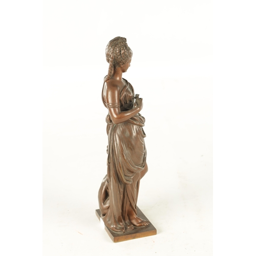 721 - PAUL DUBOT (1830-1887). A LATE 19TH CENTURY FRENCH PATINATED BRONZE SCULPTURE modelled as Diana the ... 