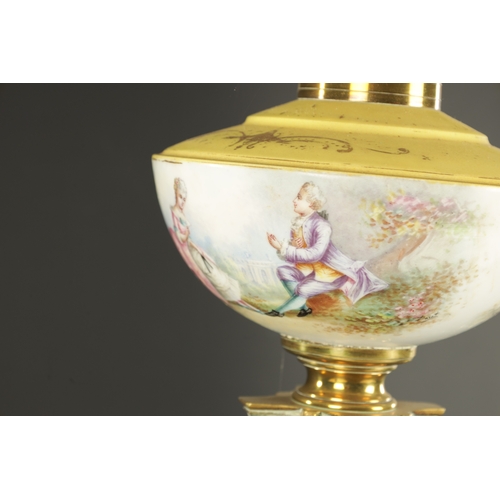 726 - A 19TH CENTURY SEVRES STYLE PORCELAIN AND BRASS OIL LAMP, the Corinthian column with gilt scroll wor... 