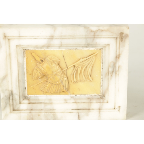 727 - A PAIR OF GRAND TOUR-STYLE WHITE AND SIENNA MARBLE PLAQUES decorated with Roman style armour (16.5cm... 